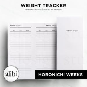 May include: A white weight tracker printable insert for Hobonichi Weeks planners. The layout features black text with columns for date, weight, and notes. The top of the page displays the text WEIGHT TRACKER, and the bottom includes a circular logo.