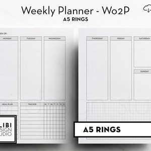 May include: A weekly planner with a black and white design. The planner is divided into sections for each day of the week, with space for notes and tasks. The planner also includes a meal plan section and a tracker section. The planner is designed for use with a A5 ring binder.
