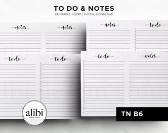 Puede incluir: Insertos imprimibles blancos con el texto "TO DO & NOTES". Los insertos tienen páginas rayadas con las palabras "notes" y "to do" en una fuente de escritura. La esquina inferior derecha tiene el texto "TN B6". El logotipo de Alibi Design Studios está en la esquina inferior izquierda.