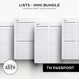 Paspoort TN-minilijstbundel - takenlijst Boodschappenlijst Paklijst paspoortformaat reizigersnotitieboekje Afdrukbare inlegvellen Navulling