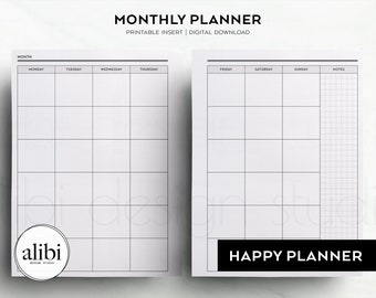 Planificador mensual Happy Planner, calendario sin fecha, descripción general mensual, insertos imprimibles para planificador HP Classic, agenda mensual de 2 páginas