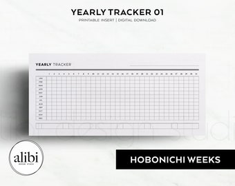 May include: A black and white printable yearly tracker for a Hobonichi Weeks planner. The tracker has a grid with 31 columns and 12 rows, representing the days of the month and the months of the year. The text "YEARLY TRACKER" is at the top of the page.
