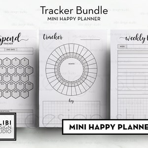 May include: A printable planner bundle with three pages: a no spend tracker with a honeycomb design, a habit tracker with a circle design, and a weekly tracker with a grid design. The pages are labelled "no spend tracker", "tracker", and "weekly tracker". The text "Mini Happy Planner" appears at the top and bottom of the image.
