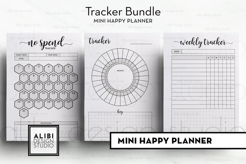 May include: A printable planner bundle with three pages: a no spend tracker with a honeycomb design, a habit tracker with a circle design, and a weekly tracker with a grid design. The pages are labelled "no spend tracker", "tracker", and "weekly tracker". The text "Mini Happy Planner" appears at the top and bottom of the image.