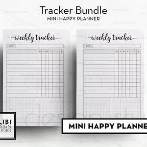 May include: Two black and white printable weekly tracker pages with the text "weekly tracker" at the top of each page. The pages are part of a "Mini Happy Planner" bundle.