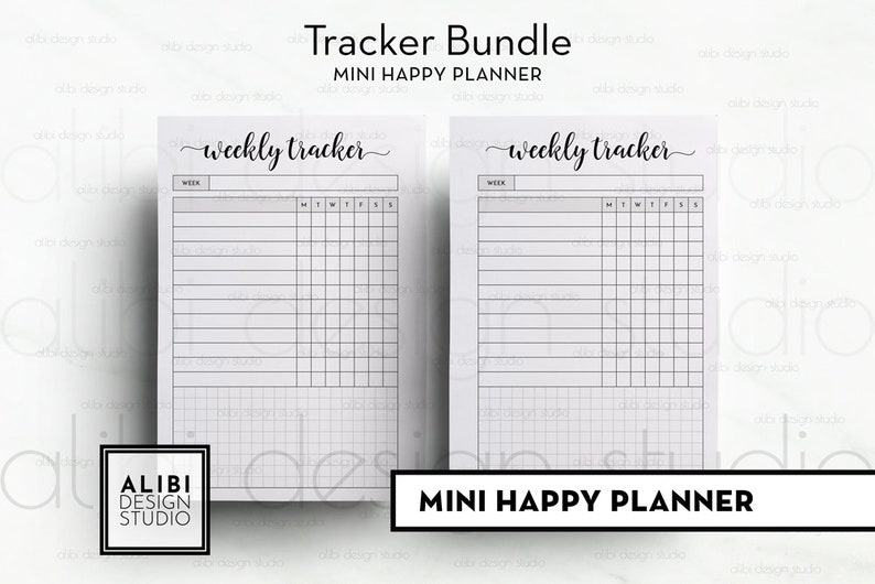 May include: Two black and white printable weekly tracker pages with the text "weekly tracker" at the top of each page. The pages are part of a "Mini Happy Planner" bundle.