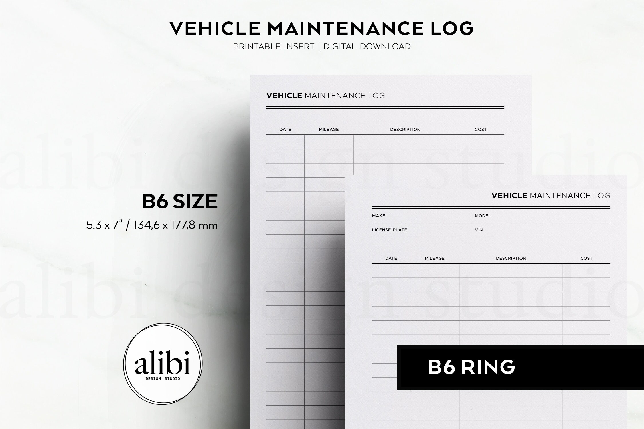 B6 Rings Printable Vehicle Maintenance Log B6 Printable Planner Inserts ...