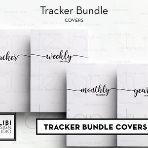 May include: A set of four printable tracker covers with a minimalist design. The covers are white with black text that reads "tracker", "weekly tracker", "monthly tracker", and "yearly tracker".