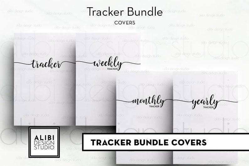 May include: A set of four printable tracker covers with a minimalist design. The covers are white with black text that reads "tracker", "weekly tracker", "monthly tracker", and "yearly tracker".