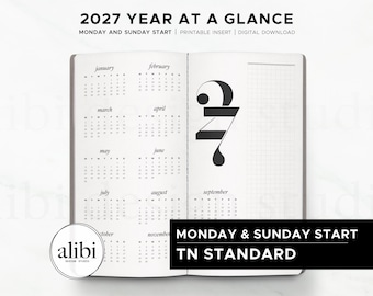 Standard TN 2027 Calendar Printable 2027 Year at a Glance Travelers Notebook Insert | Instant Download PDF Monday and Sunday Start #Y01
