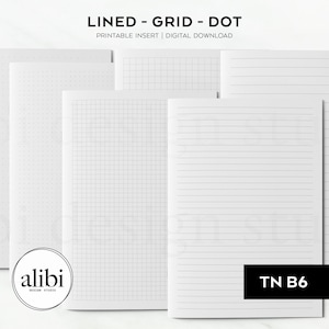 May include: Five printable notebook inserts, including lined, grid, and dot paper. The inserts are all white and have a subtle texture. The text "TN B6" is visible in the bottom right corner of the image.