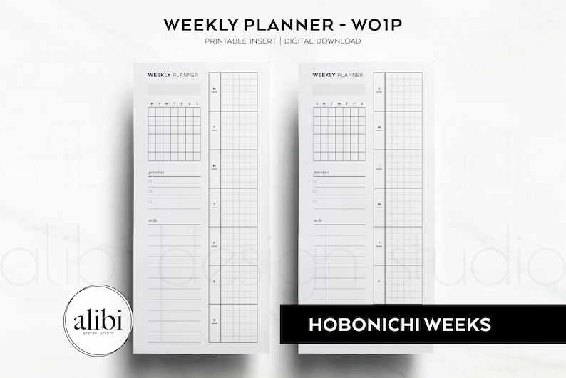 May include: Two printable weekly planner pages with a grid layout. The pages are designed for use with the Hobonichi Weeks planner. The pages include space for daily tasks, notes, and priorities.