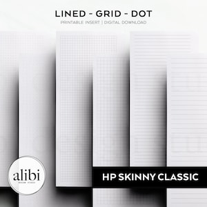 May include: Four printable notebook inserts for a planner or journal. The inserts are lined, grid, dot grid, and lined. The text "HP Skinny Classic" is at the bottom of the image.
