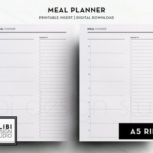 A5, Weekly Meal Planner Food Journal Shopping List Grocery List Meal Tracker A5 Printable Planner Inserts