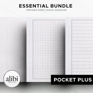 May include: A white printable insert bundle with dot grid, grid, and lined pages. The text "ESSENTIAL BUNDLE" is at the top, and "POCKET PLUS" is at the bottom. The Alibi Design Studio logo is in the lower left corner.