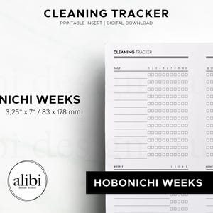 Op de afbeelding: Een zwart-witte printbare schoonmaaktracker-inzet voor Hobonichi Weeks planners, met afmetingen van 83 mm bij 178 mm. De lay-out bevat secties voor dagelijkse, wekelijkse en maandelijkse taken met selectievakjes en lijnen voor huishoudelijke klussen.