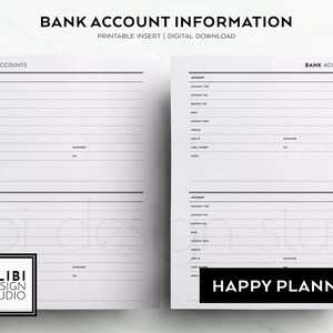 Información de cuenta bancaria del Happy Planner Planificador financiero Detalles bancarios Inserciones imprimibles del planificador HP Classic