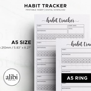 May include: Two white habit tracker printable inserts with the text "habit tracker" in a cursive font. The A5 size is 5.83" x 8.27". The design includes sections for habits, motivation, start date, and goal tracking.