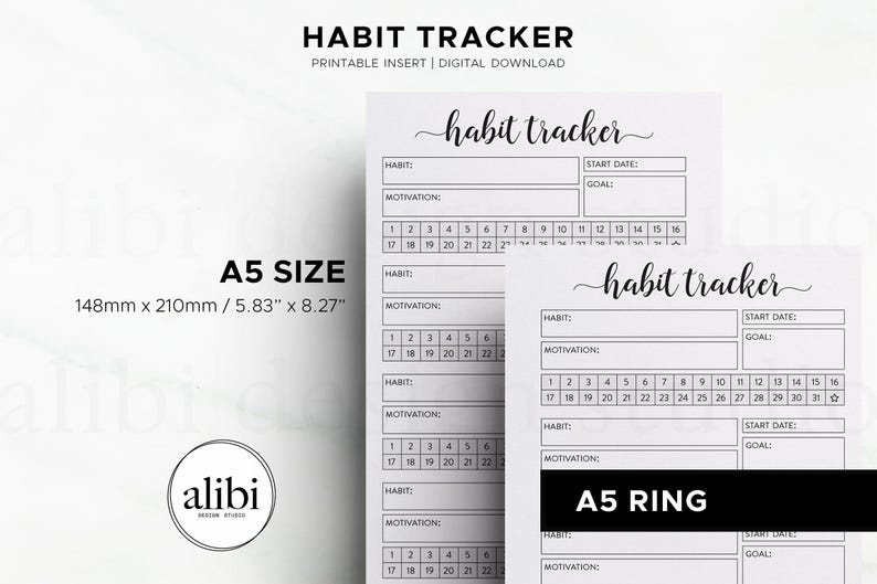 May include: Two white habit tracker printable inserts with the text "habit tracker" in a cursive font. The A5 size is 5.83" x 8.27". The design includes sections for habits, motivation, start date, and goal tracking.