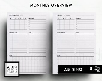 A5, Monthly Planner Month at a Glance Monthly Overview A5 Printable Planner Inserts Task List Important Dates | Mo1P