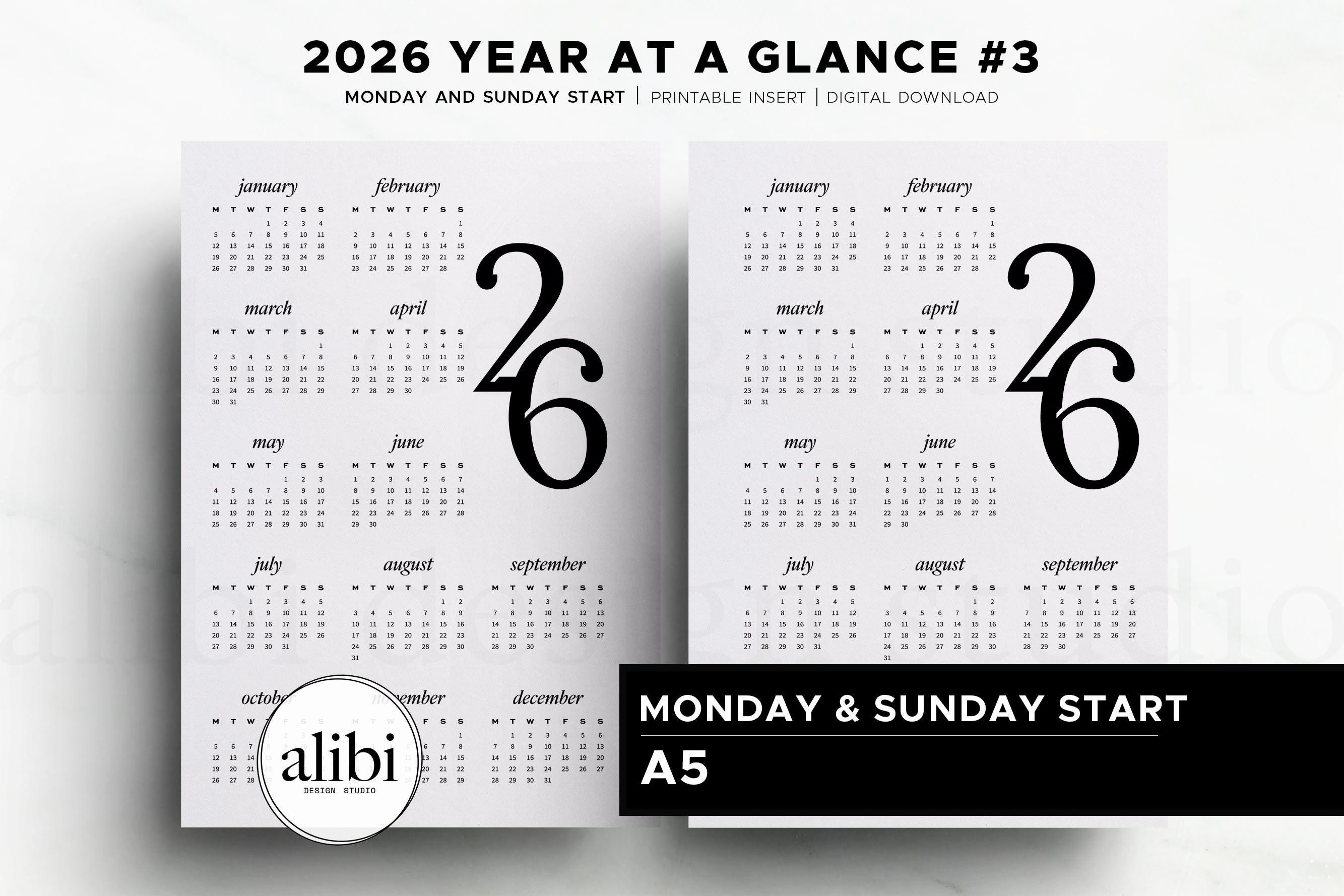 Printable A5 2026 Calendar Year at a Glance Planner Insert | Instant