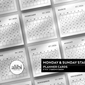 Utskrivbara kalenderkort för 2026 | 2026 självhäftande anteckningsblock 7,5 x 7,5 cm minikalender, digital nedladdning PDF PNG #C2603