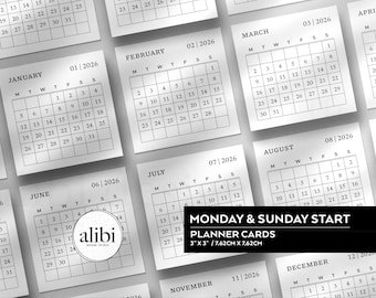 2026 Printable Calendar Planner Cards | 2026 Sticky Notes 3" x 3" Mini Calendar Digital Download PDF PNG #C2603