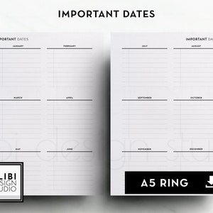 A5 Important Dates Yearly Overview Birthday Calendar A5 Printable Planner Inserts Future Log