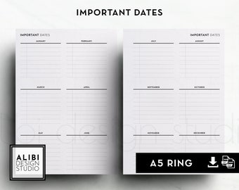 May include: Two white planner pages labeled IMPORTANT DATES with black text and lines. The left page lists January through June, and the right page lists July through December. Each month has horizontal lines for writing. Includes Alibi Design Studio logo.