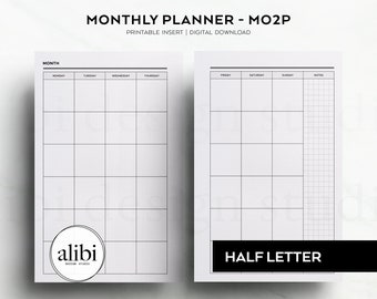 May include: A monthly planner printable insert labeled MONTHLY PLANNER - MO2P, PRINTABLE INSERT | DIGITAL DOWNLOAD. The layout features a grid for Monday through Thursday on the left and Friday through Sunday with a notes column on the right. HALF LETTER.