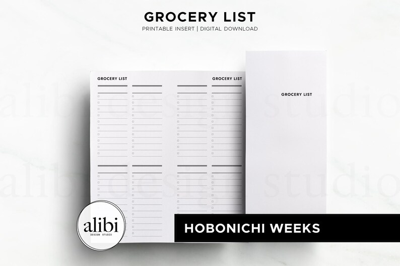 May include: A white printable grocery list insert for a Hobonichi Weeks planner. The layout features black text reading GROCERY LIST, with multiple columns of horizontal lines and small checkboxes for organizing items. The design is clean and minimalist.