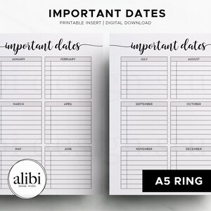May include: Two-page printable planner insert with the text "IMPORTANT DATES" at the top. Each page has a grid layout for tracking dates, with months listed. The design includes the text "A5 RING" and the logo for "alibi DESIGN STUDIOS".