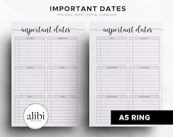 Puede incluir: Dos hojas de planificador imprimibles en blanco tituladas IMPORTANT DATES, con secciones mensuales de enero a diciembre y líneas horizontales. El texto alibi design studio y A5 RING es visible en las páginas.