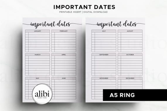 A5 Important Dates Yearly Calendar Future Log Birthday Calendar Upcoming Expenses Finance Planner Special Dates A5 Printable Planner Insert