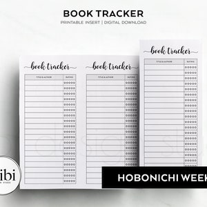 May include: Printable book tracker insert for Hobonichi Weeks planners. The insert has three columns labeled "Title & Author", "Rating", and "Notes".