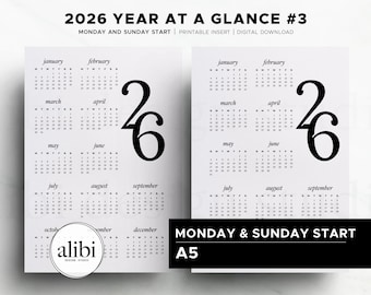 Printable A5 2026 Calendar Year at a Glance Planner Insert | Instant Download PDF | Monday and Sunday Start