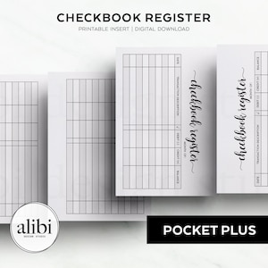 Könnte beinhalten: Ein druckbarer Scheckregister mit dem Text "checkbook register" in Kursivschrift. Das Register hat Spalten für Datum, Transaktionsbeschreibung, Soll, Haben und Saldo.