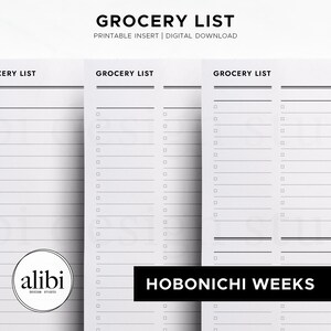 May include: A white printable grocery list insert with black text and lines. The header reads GROCERY LIST, PRINTABLE INSERT | DIGITAL DOWNLOAD. The layout features columns with checkboxes for items. A circular logo reads alibi design studio.