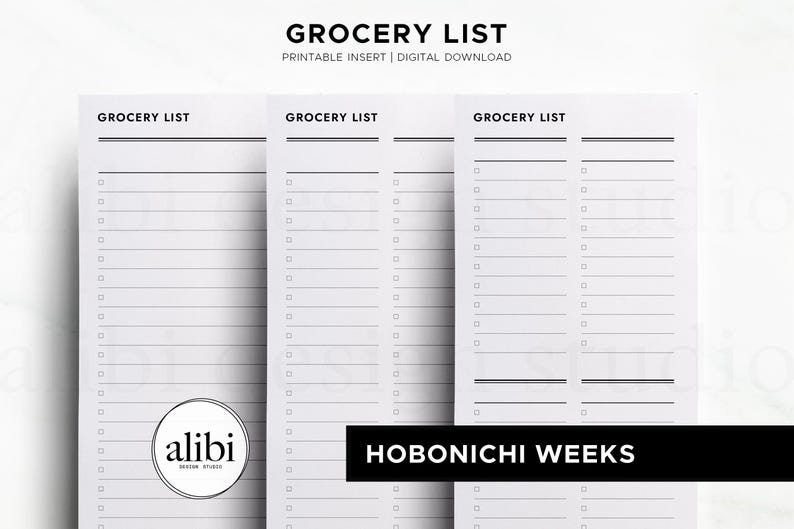 May include: A white printable grocery list insert with black text and lines. The header reads GROCERY LIST, PRINTABLE INSERT | DIGITAL DOWNLOAD. The layout features columns with checkboxes for items. A circular logo reads alibi design studio.