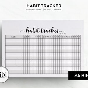 May include: A black and white printable habit tracker for a six-ring binder. The tracker has a space for the month and a grid for 31 days.