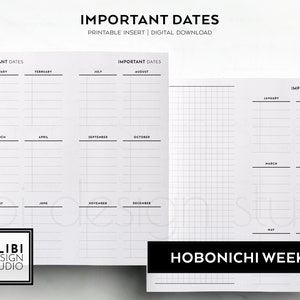 May include: Printable planner insert for important dates, with a gridded page for notes. The insert is designed for use with Hobonichi Weeks planners.