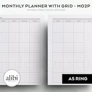 Pode incluir: Um inserto de planejador mensal imprimível com layout de grade, rotulado MONTHLY PLANNER WITH GRID - MO2P, PRINTABLE INSERT | DIGITAL DOWNLOAD. O layout de duas páginas apresenta colunas de segunda a domingo e uma seção de notas, marcado A5 RING.