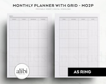 May include: A monthly planner printable insert with a grid layout, labeled MONTHLY PLANNER WITH GRID - MO2P, PRINTABLE INSERT | DIGITAL DOWNLOAD. The two-page layout features columns for Monday through Sunday and a notes section, marked A5 RING.