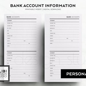 Rastreador de informações de conta bancária pessoal Planejador financeiro Informações de cartão de crédito Detalhes bancários Inserções de planejador pessoal para impressão