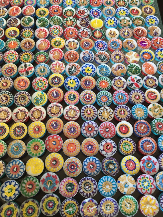 Set Of 100 Henna Tealights Bollywood Wedding Party Gift Handpainted Henna Candles Indian Pakistani Wedding Decor Bohemian Diwali Favors