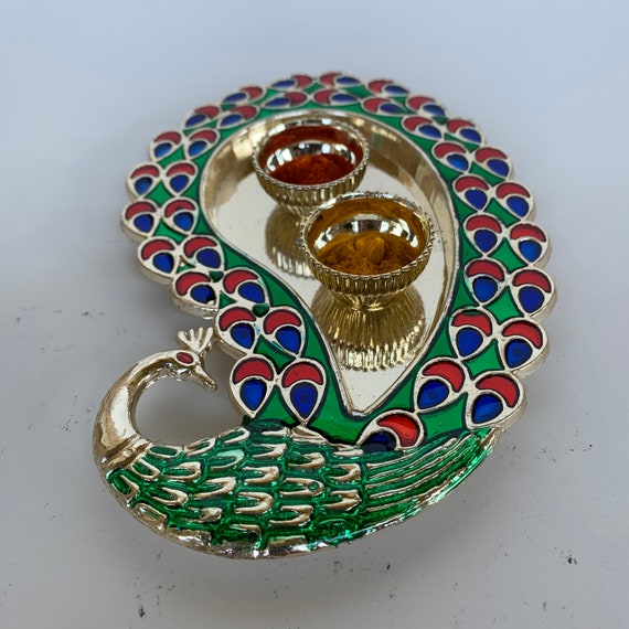 Peacock Shaped Haldi Kumkum Plate Puja Thali Diwali Etsy