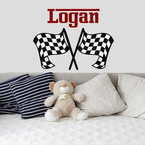 Personalized Decal. Boys Name Wall Decals. Checkered Flags Sticker. Racing Flags Wall Decor. Name Vinyl Sticker. Race Car Wall Decal LT106