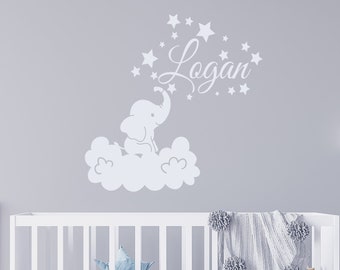 Boys Name Wall Decals, Elephant Wall Decal Kids, Personalized Decal Name, Elephant Nursery Wall Decal, Name Sticker, Cloud Stars Decal LT92_