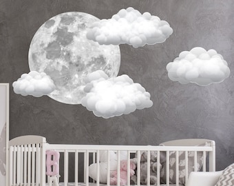 Watercolor Moon and Clouds Wall Decal. Full Moon Decal Nursery. Set of Clouds Decal. Kids Room Decor. Baby Girl Boy Sticker. Moon Mural Lt86