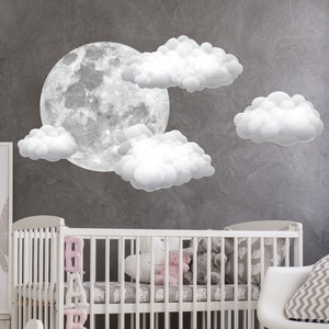 Watercolor Moon and Clouds Wall Decal. Full Moon Decal Nursery. Set of ...